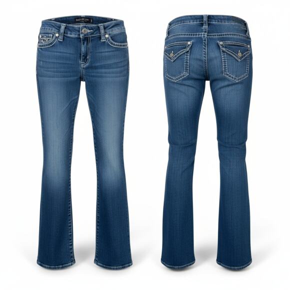 VTG Y2k Bling Low Rise Bootcut Jeans Paisley Sky 4 Stretch Cowgirl Boho Western - Picture 1 of 16